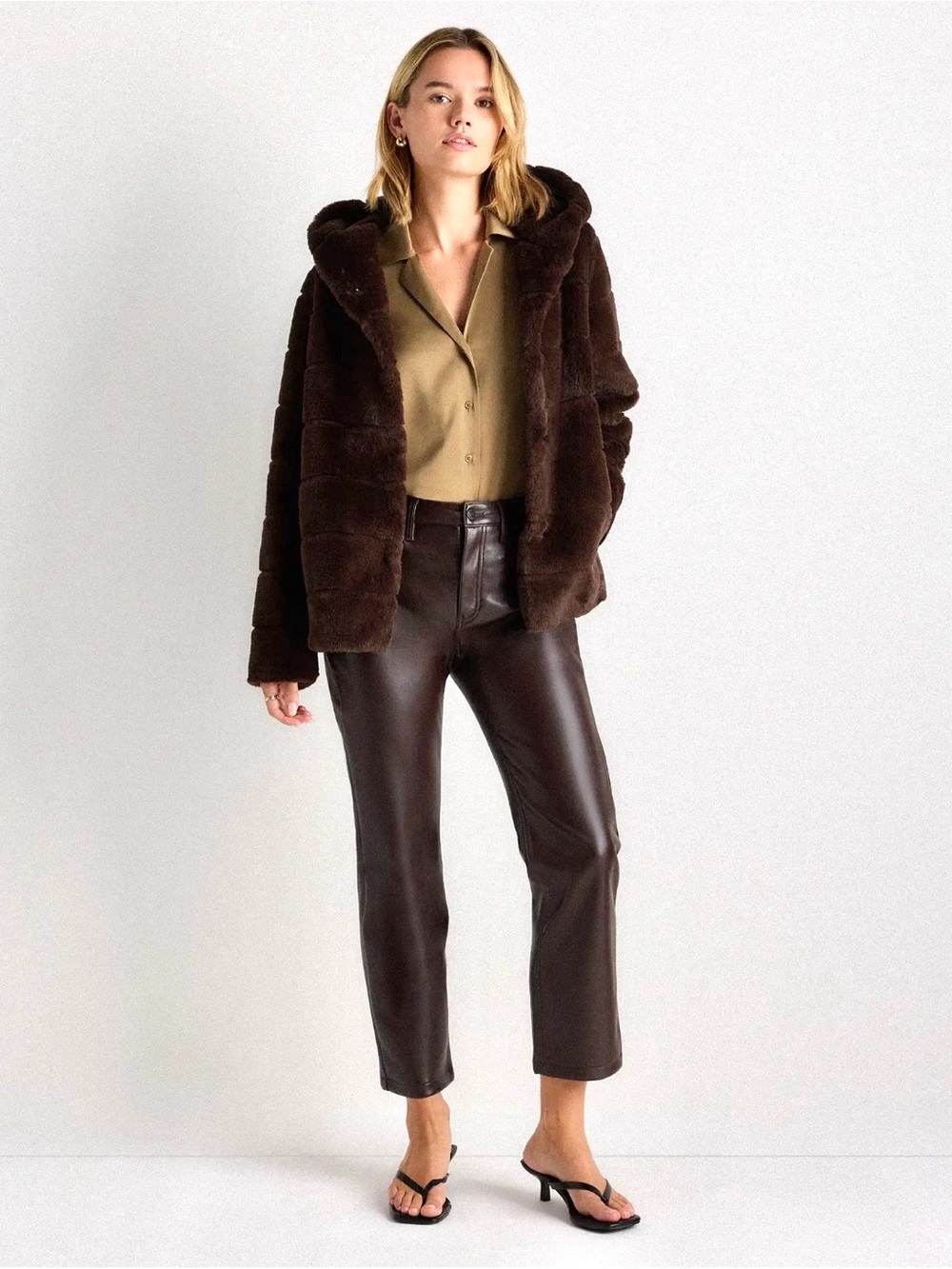 NWT Quince Hooded Faux Fur Jacket in Coffee Bean Brown Size Large - Picture 6 of 11